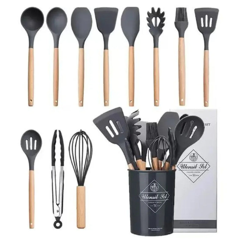 Kit de Utensílios para Cozinhar  12 itens - Preto e Amadeirado Elegante-Resistente.