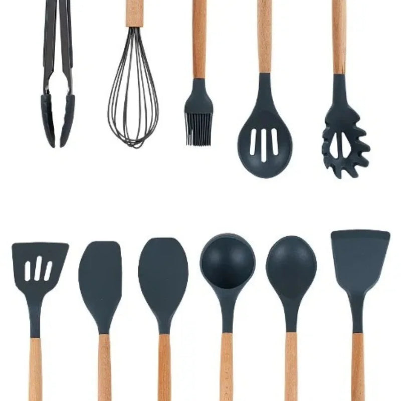 Kit de Utensílios para Cozinhar  12 itens - Preto e Amadeirado Elegante-Resistente.