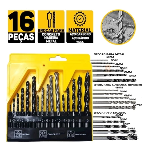 Kit Jogo De Brocas Estojo 16 Peças Madeira Metal Concreto