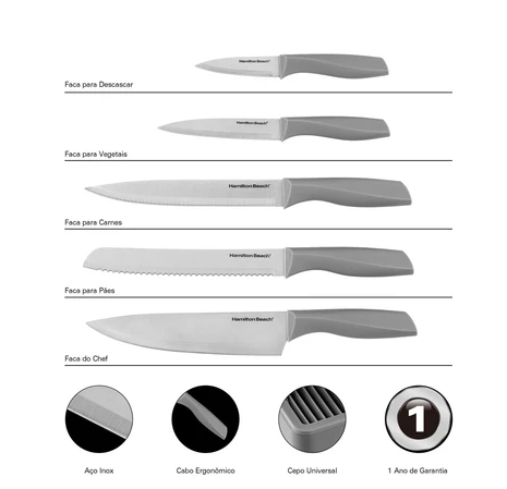 Facas Inox Hamilton Beach Square com Suporte de 6 Peças!