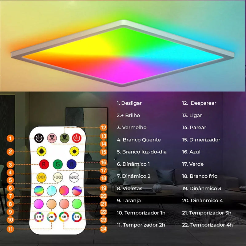 Luminária de Teto LED Inteligente RGBW com Controle Remoto, Painel de Luz Ambiente, Lustre, 110V