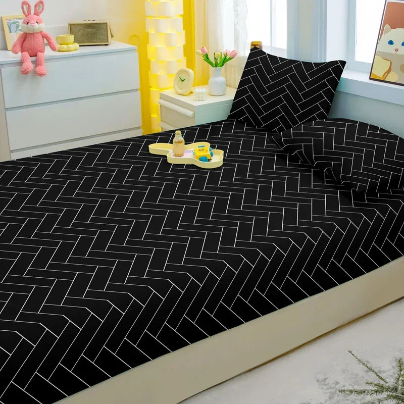 Lençol de elástico fosco estampado com geometria simples e moderna, capa de cama impressa para quarto, roupa de cama modelos Solteiro, Casal, Queen, King (excluindo fronhas)