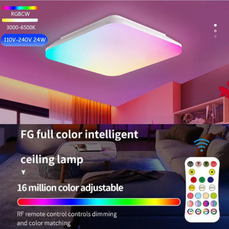 Luminária de Teto LED Inteligente RGBW com Controle Remoto, Painel de Luz Ambiente, Lustre, 110V