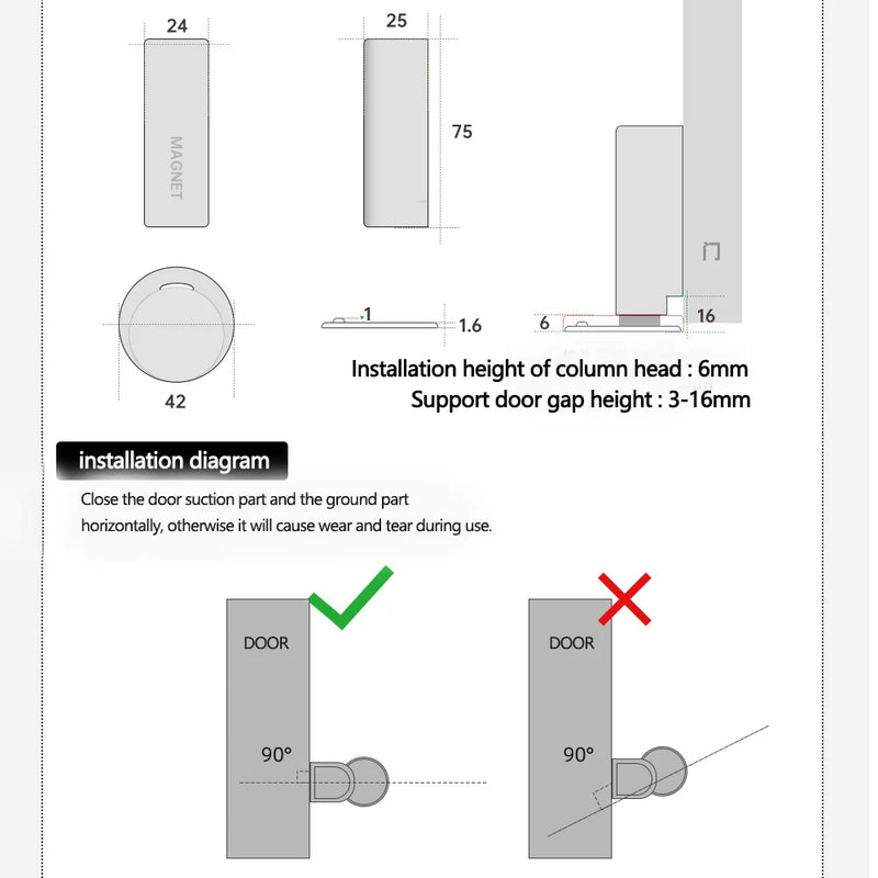 Trava magnetica de batente de porta, Prevenção de fechamento,  base de porta sem pregos cinza e preto