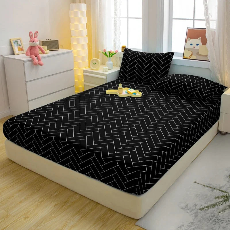 Lençol de elástico fosco estampado com geometria simples e moderna, capa de cama impressa para quarto, roupa de cama modelos Solteiro, Casal, Queen, King (excluindo fronhas)